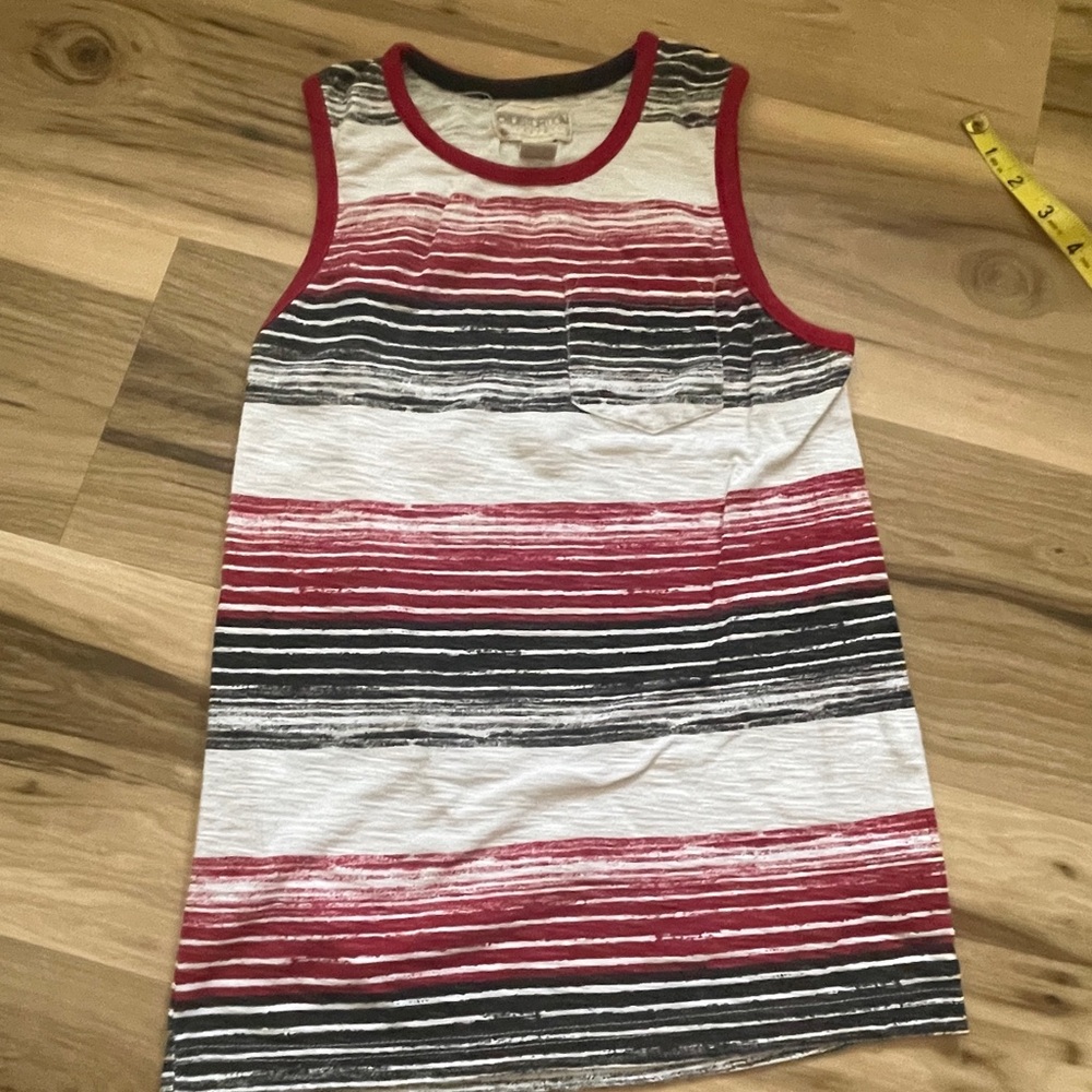 Distortion Tank Top White w Red and Black Stripes Chest Pocket Size Small
